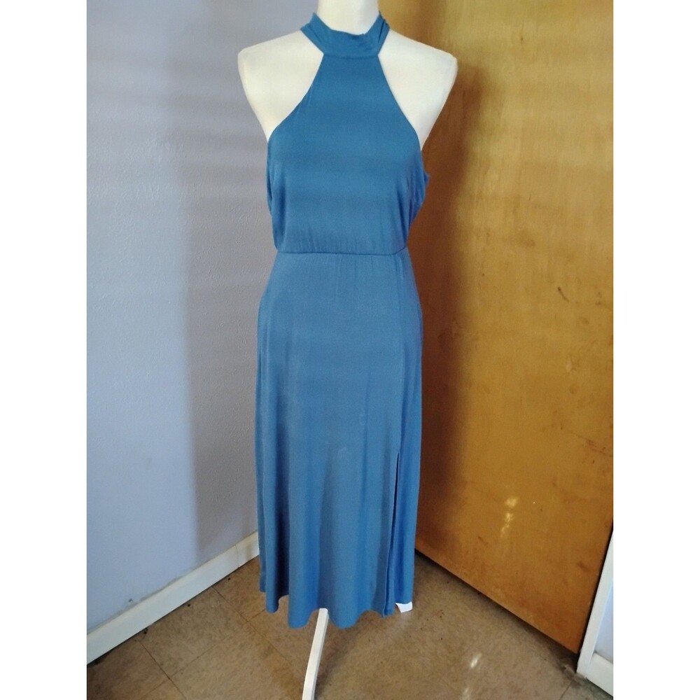 Lulus Blue Halter Top High Neckline Side Slit Maxi Dress Boho Hippie Cute Sz M